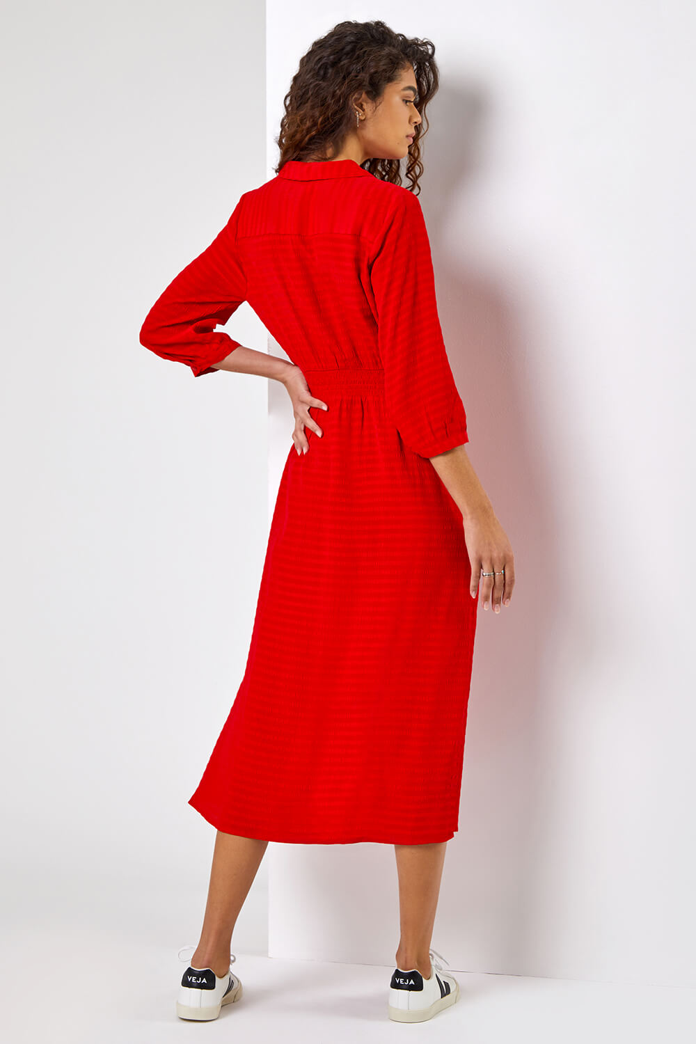 Red Textured Midi Shirt Dress, Image 2 of 5