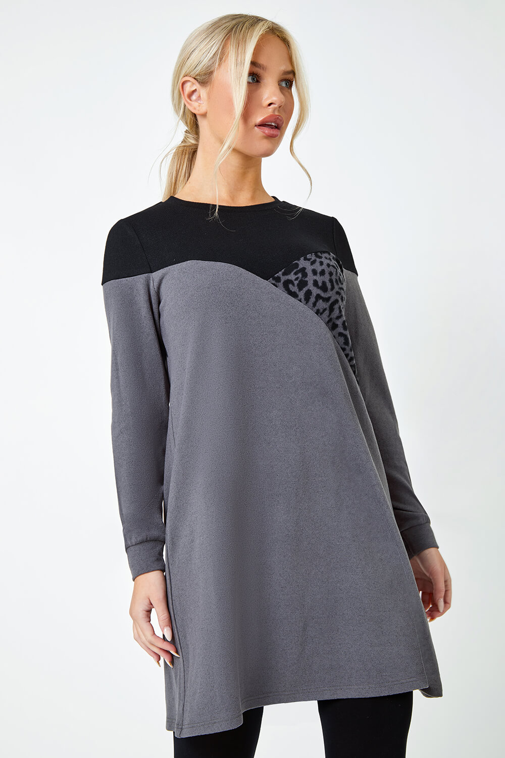 Dark Grey Petite Animal Colour Block Knit Dress, Image 2 of 5