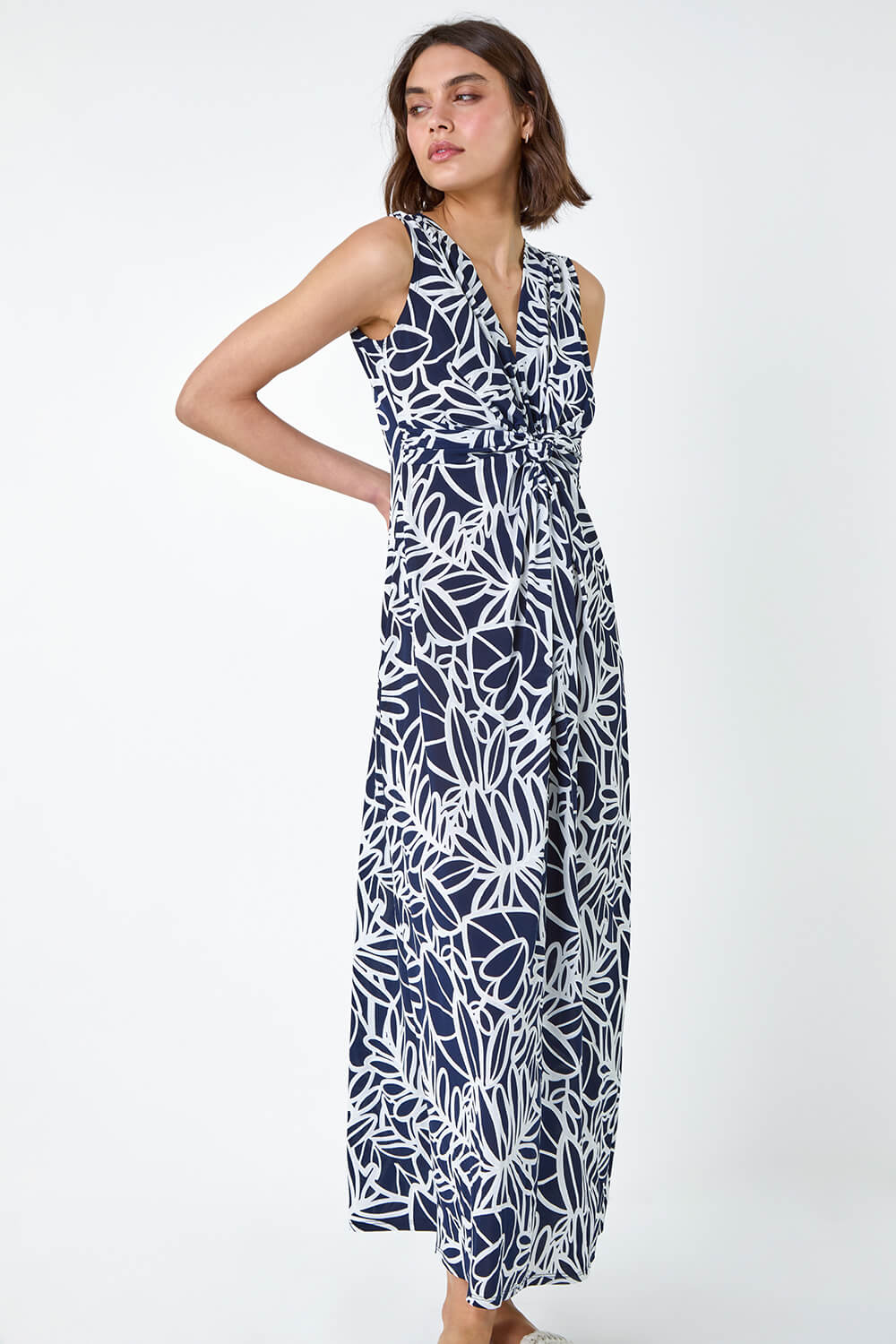 Navy  Floral Print Twist Front Maxi Dress, Image 2 of 5