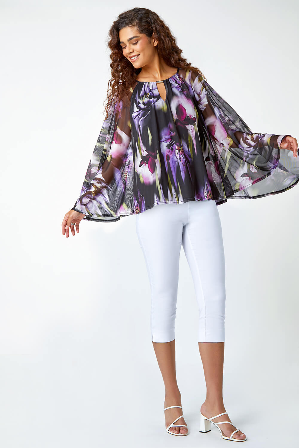 Purple Floral Print Mesh Stretch Top, Image 2 of 5