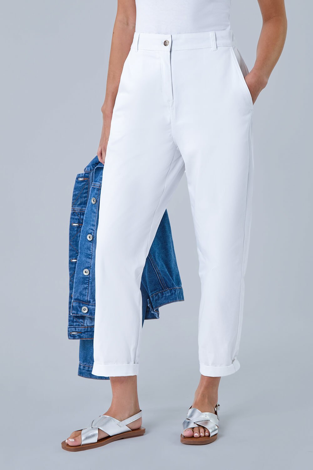 White Petite Cotton Blend Stretch Chino Trousers, Image 4 of 5