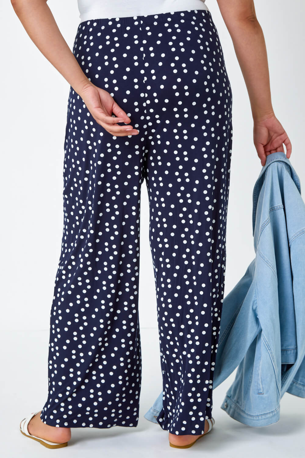 Navy  Curve Spot Print Wide Leg Trousers, Image 3 of 5