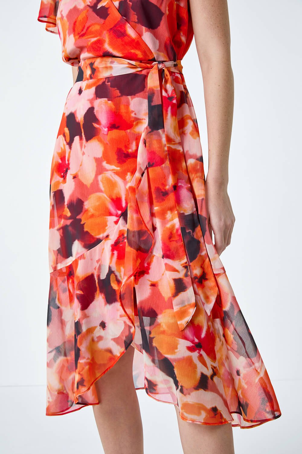 ORANGE Floral Print Chiffon Wrap Dress, Image 5 of 5