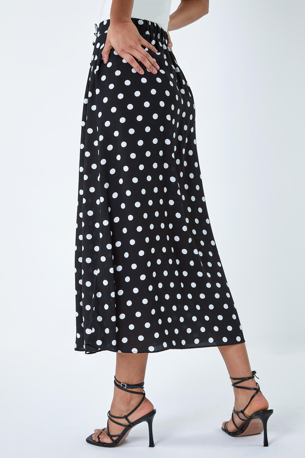 Black Polka Dot Button Detail Midi Skirt, Image 3 of 5
