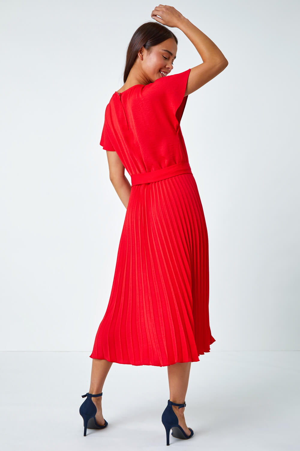 Red Petite Plain Pleated Skirt Midi Dress, Image 3 of 5