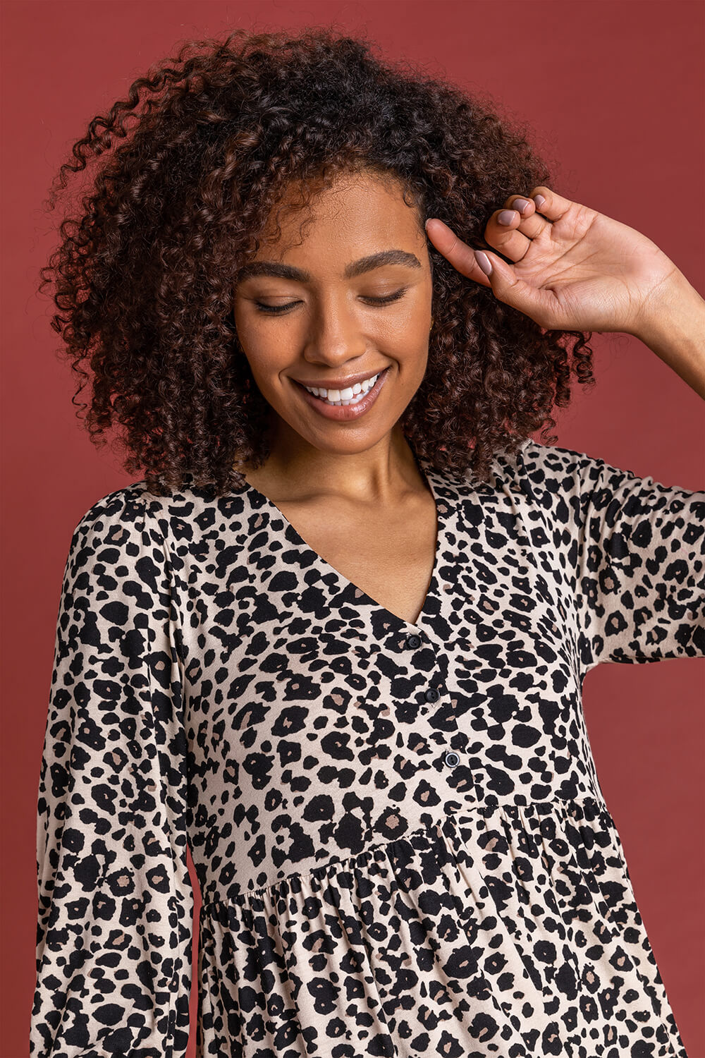 Taupe Leopard Print 3/4 Sleeve Frill Trim Smock Top, Image 4 of 4