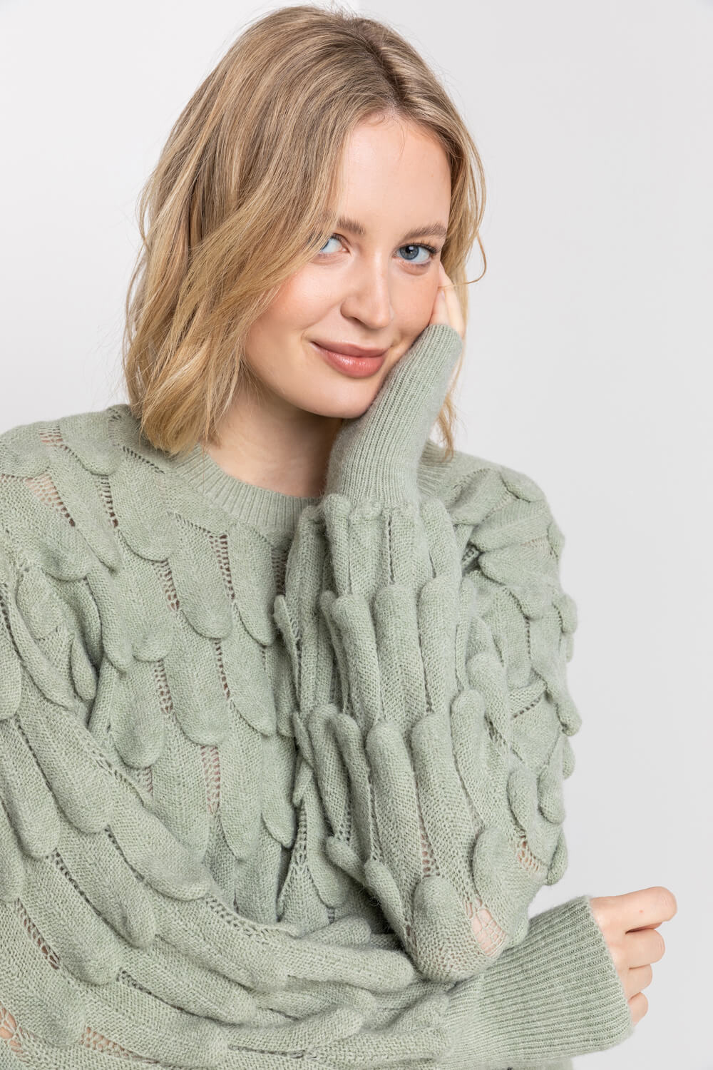 Sage Scallop Textured Knit Jumper, Image 4 of 5