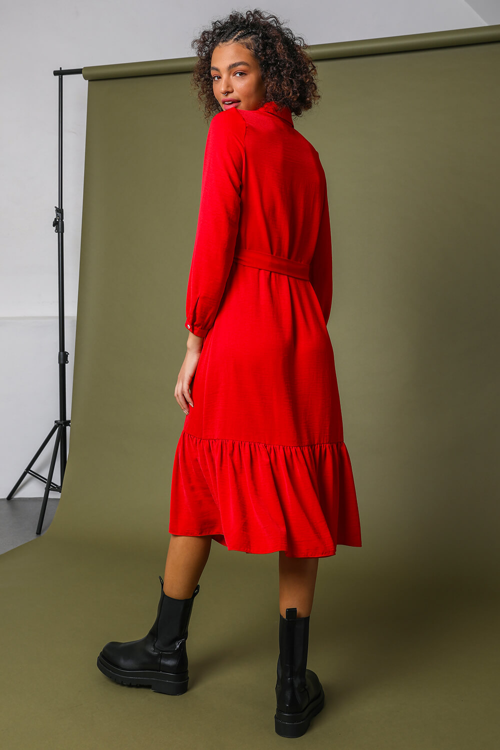 Red Tiered Midi Length Shirt Dress, Image 2 of 5