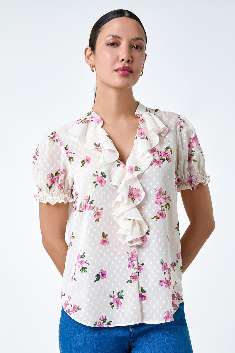 Ivory  Textured Spot Floral Print Frill Top, Image 4 of 5
