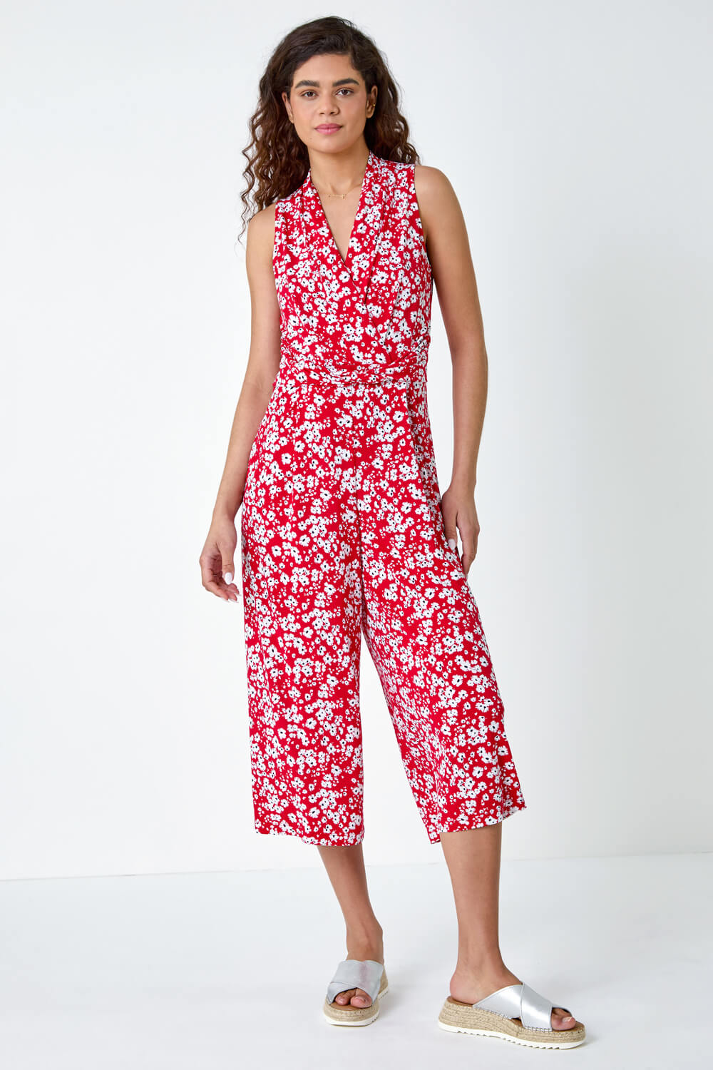 Red Ditsy Floral Wide Leg Stretch Jumpsuit, Image 2 of 5