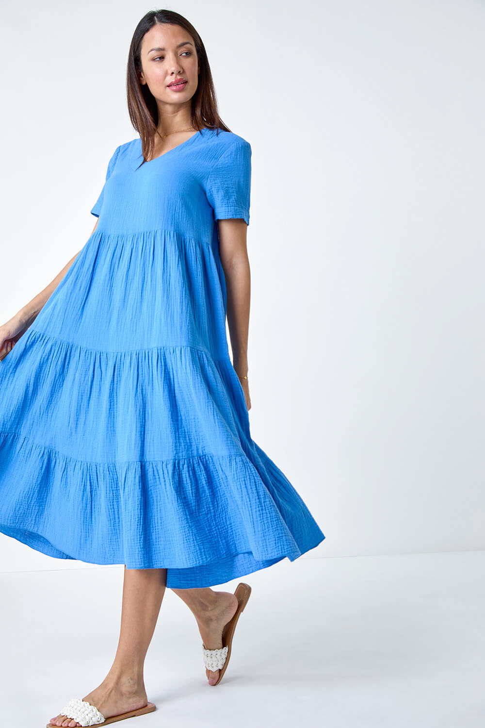 Blue Cotton Textured Tiered Midi Dress, Image 2 of 6