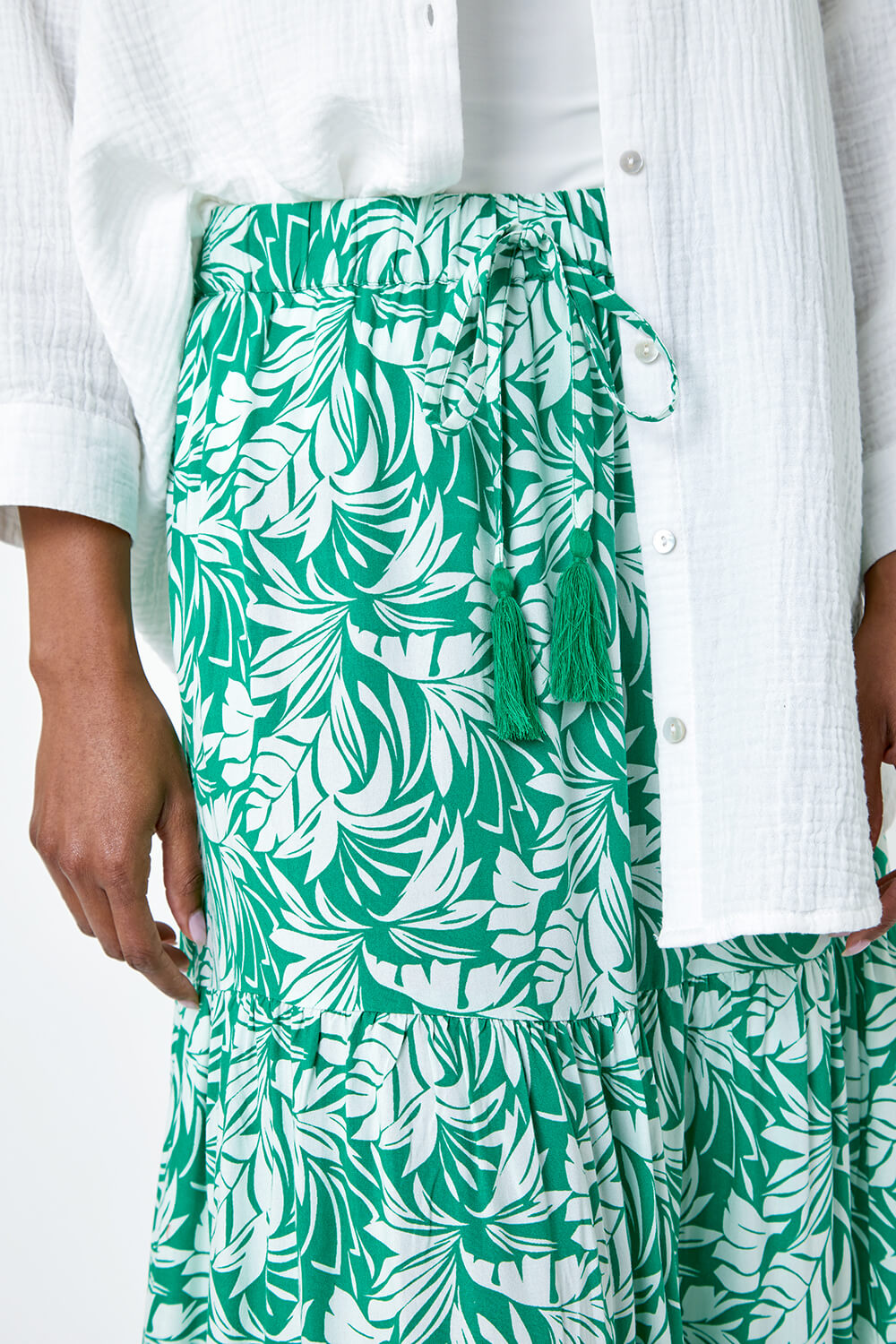 Green Floral Tassel Tie A Line Tiered Midi Skirt, Image 5 of 5