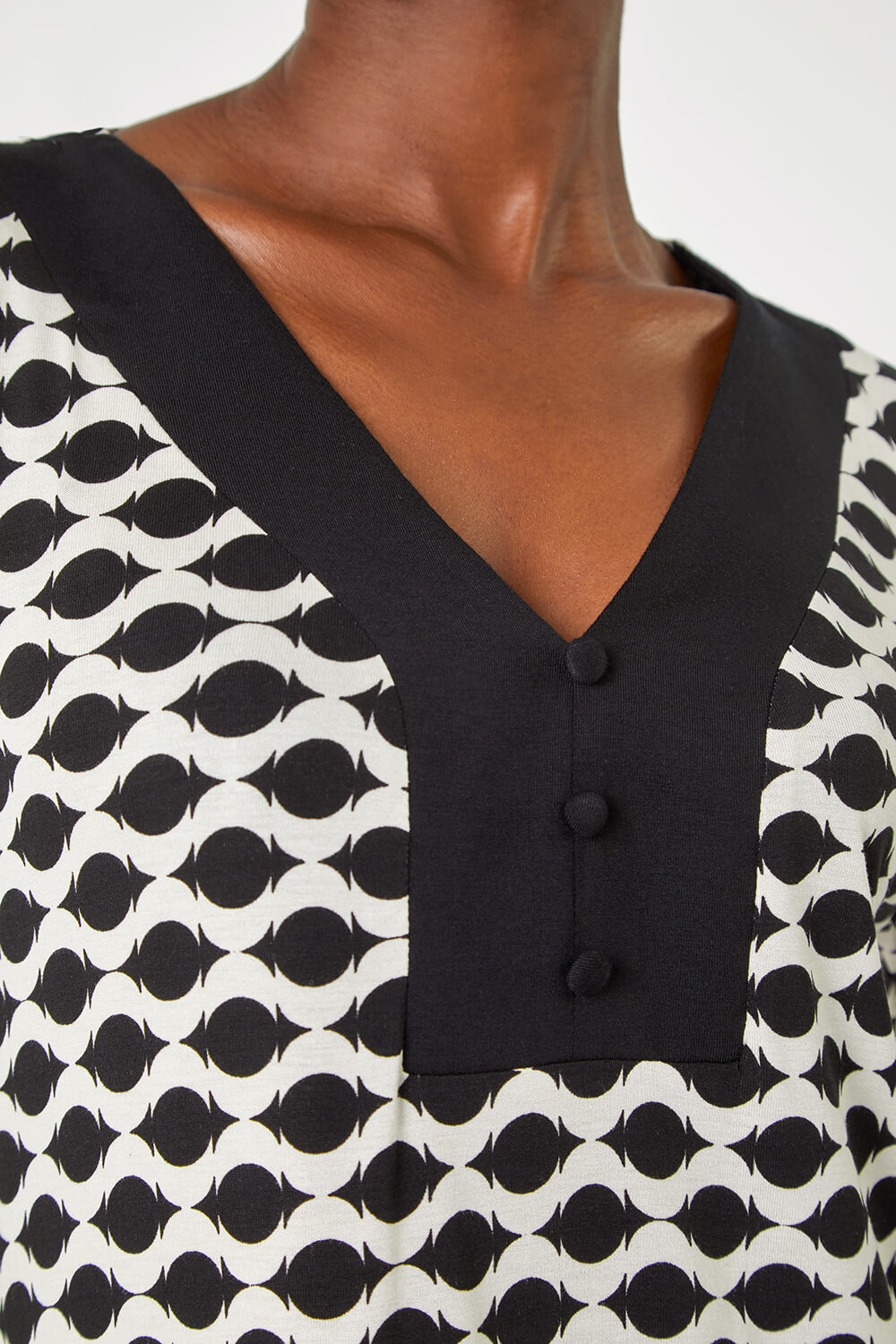 Black Abstract Button Detail Tunic Stretch Top, Image 5 of 5