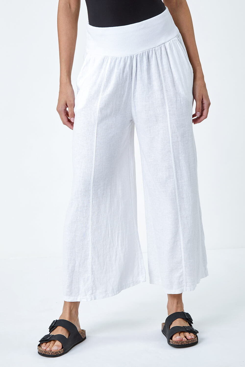 White Linen Blend Stretch Waist Culottes, Image 4 of 5