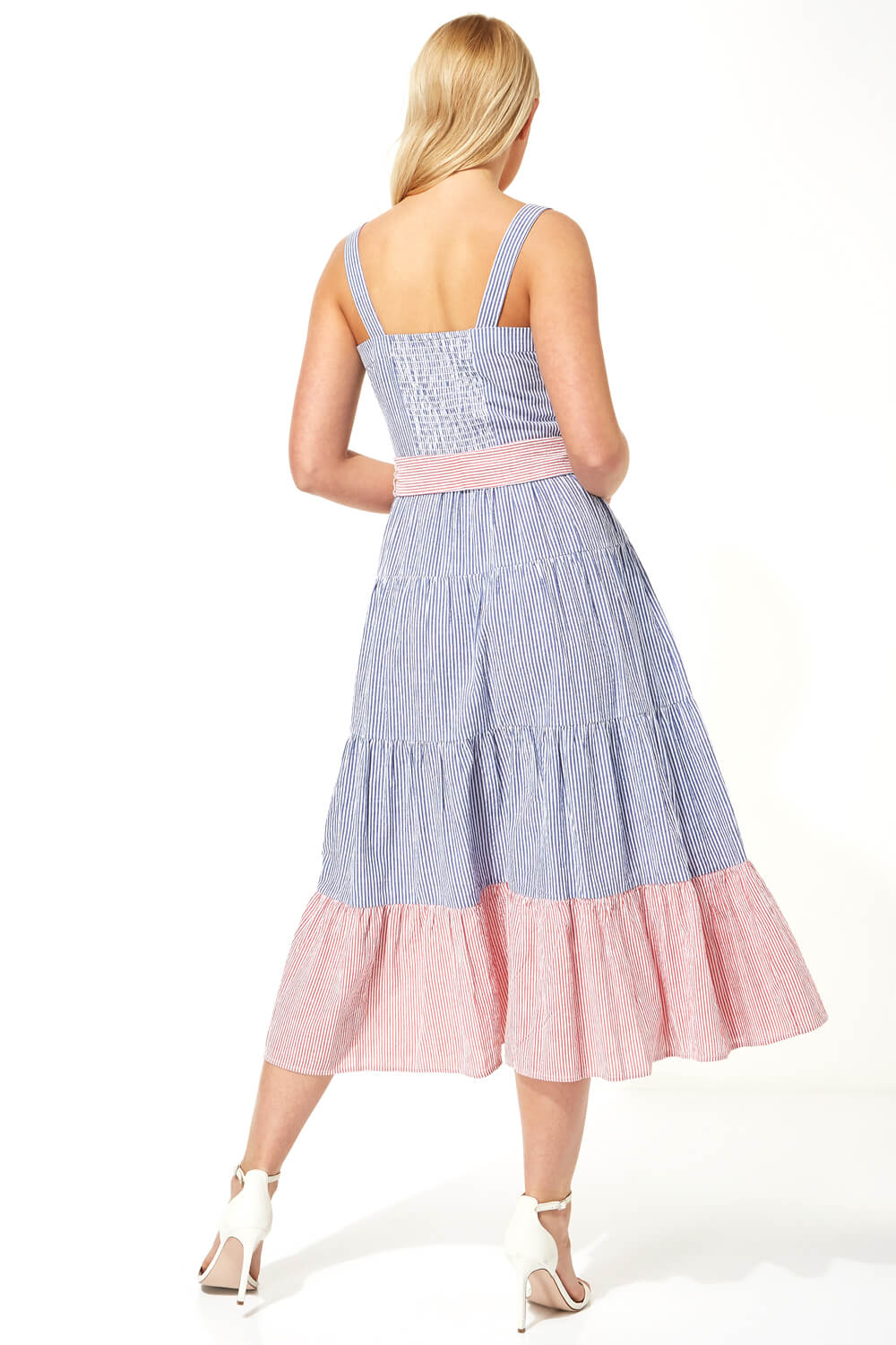 Stripe Tiered Cotton Midi Dress in Blue - Roman Originals UK