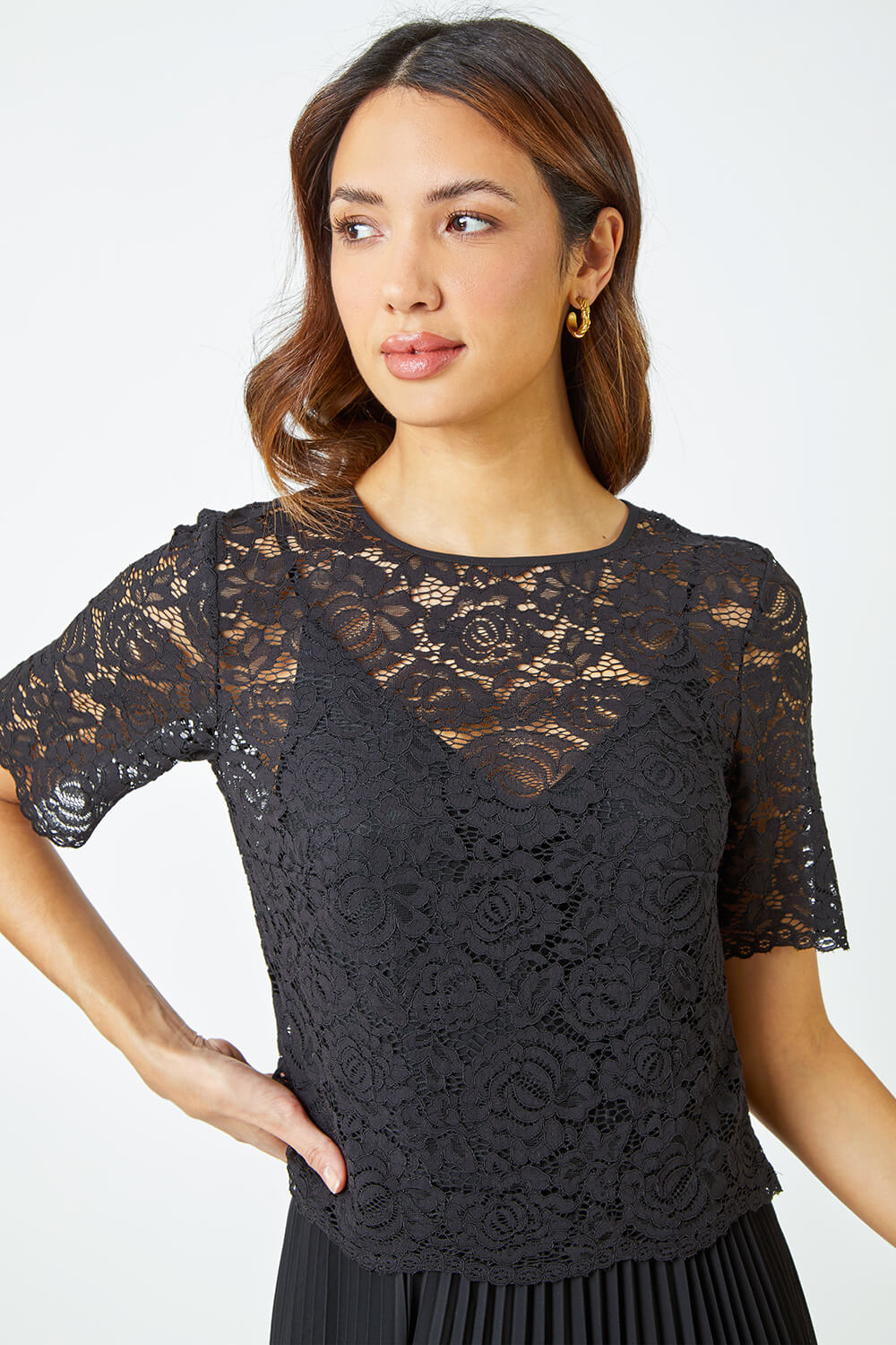 Black Lace Top Overlay Pleated Midi Dress, Image 4 of 5