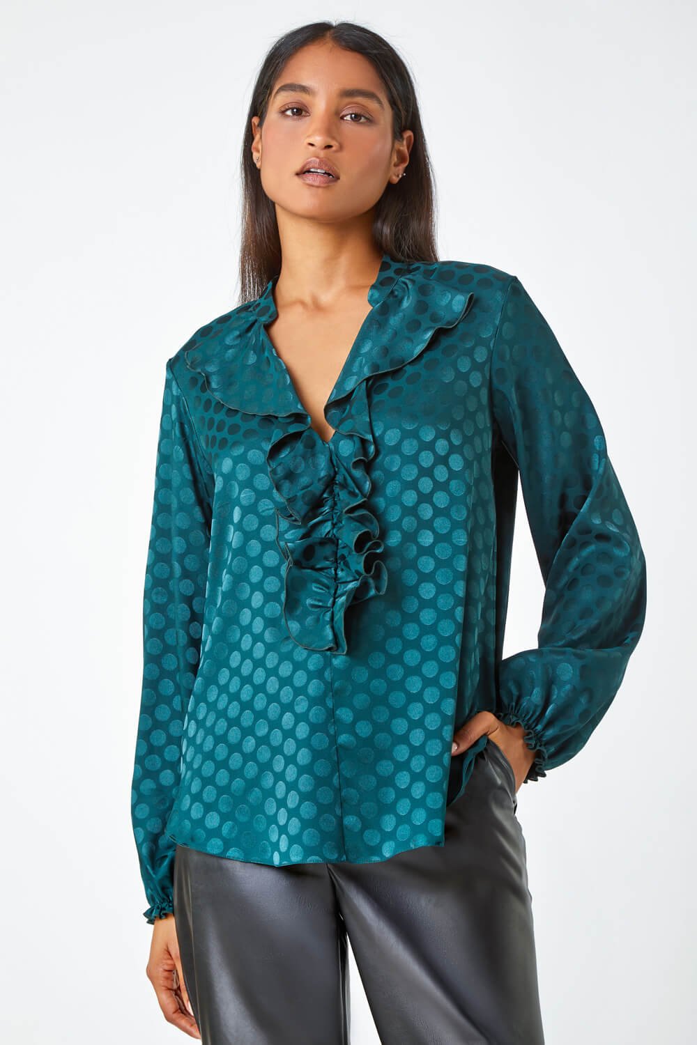 Forest  Spot Print Ruffle Trim Stretch Top, Image 2 of 5