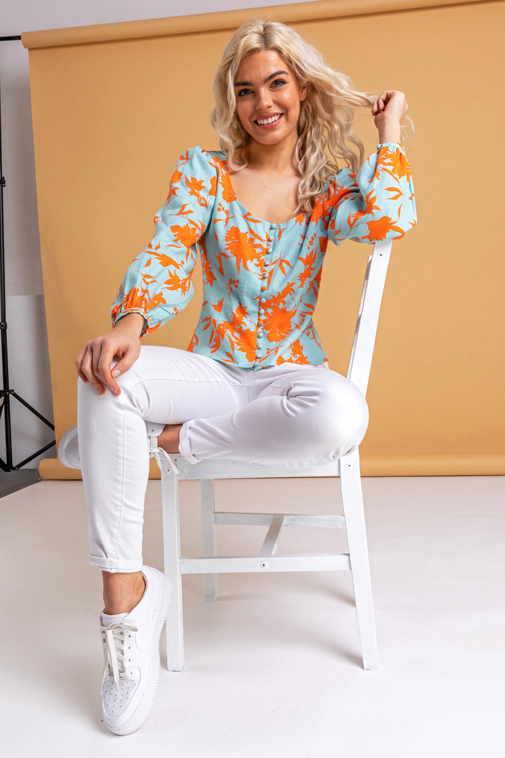 ORANGE Button Though Floral Print Blouse, Image 4 of 4
