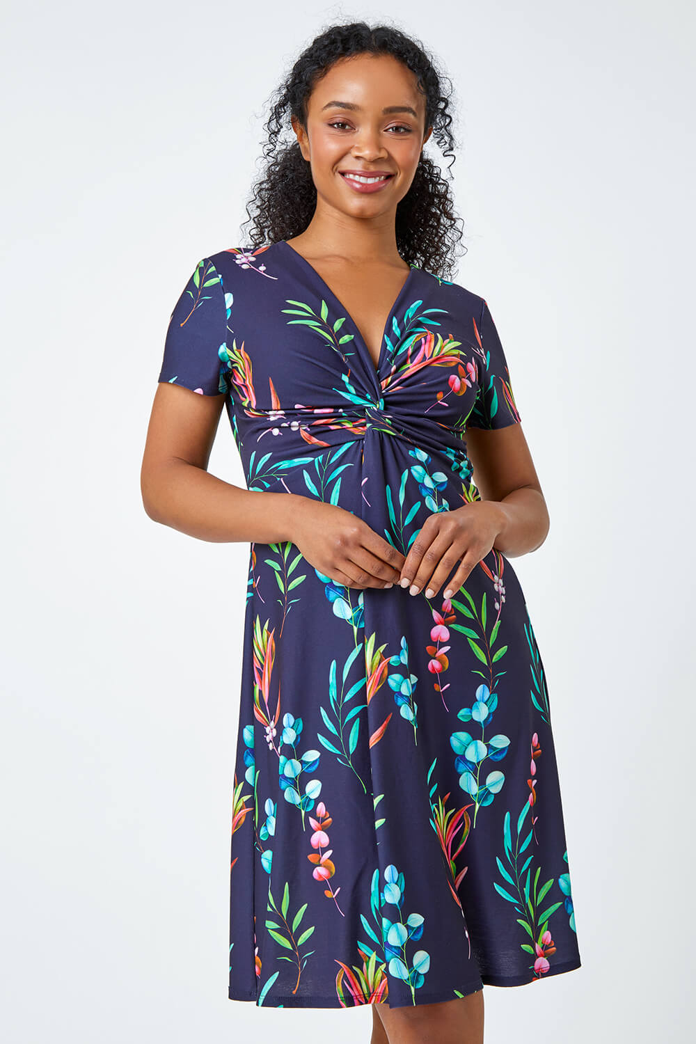 Navy  Petite Floral Twist Detail Stretch Dress, Image 2 of 5
