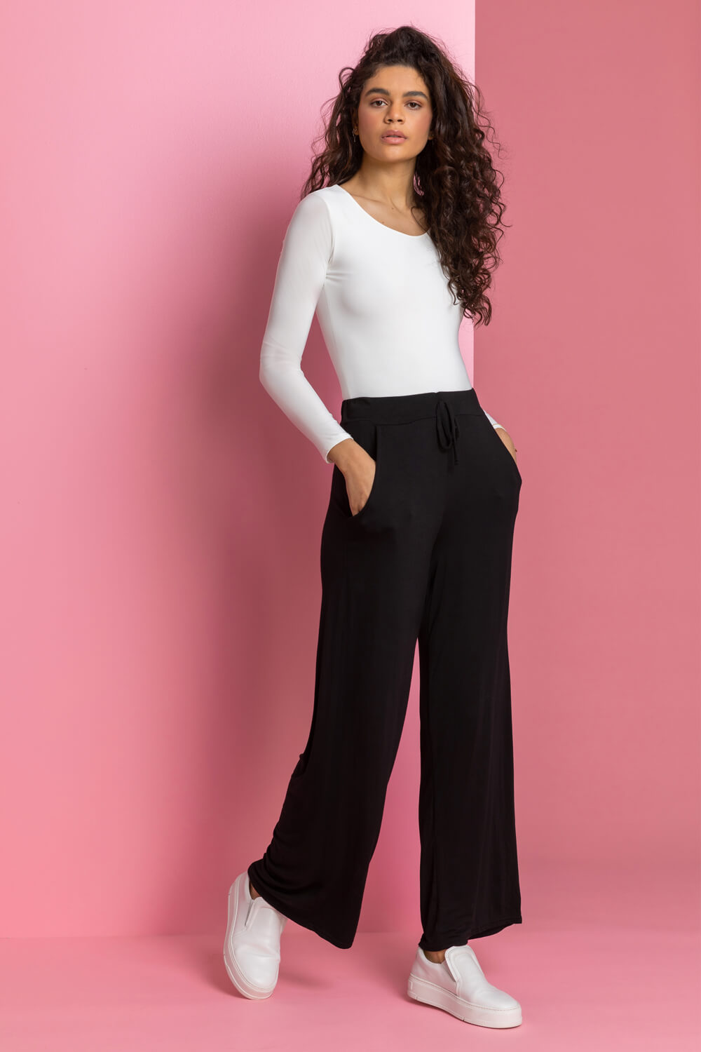 Black Stretch Wide Leg Jersey Trousers, Image 3 of 5
