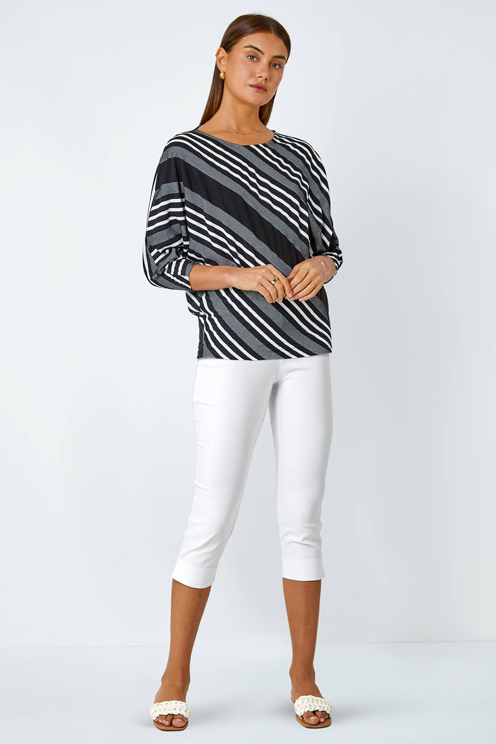 Black Relaxed Stripe Print Stretch Top, Image 2 of 5