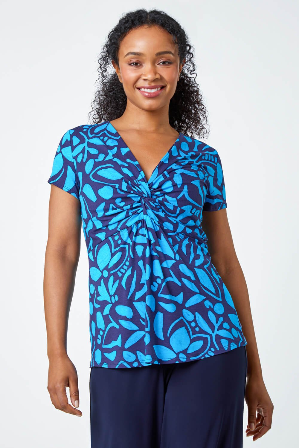Navy  Petite Floral Twist Stretch Top, Image 2 of 5