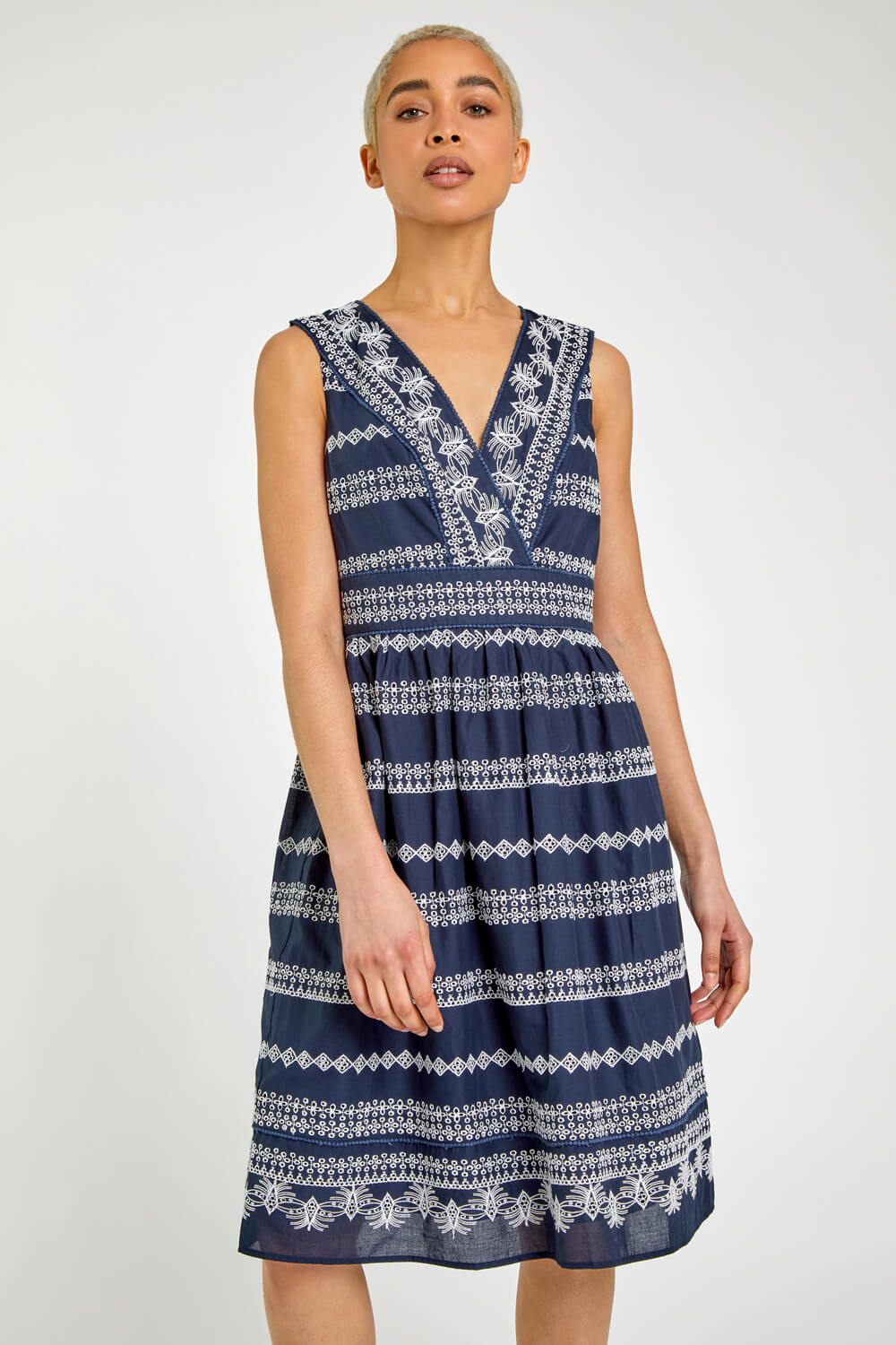 Navy Broderie Detail Fit & Flare Day Dress | Roman UK