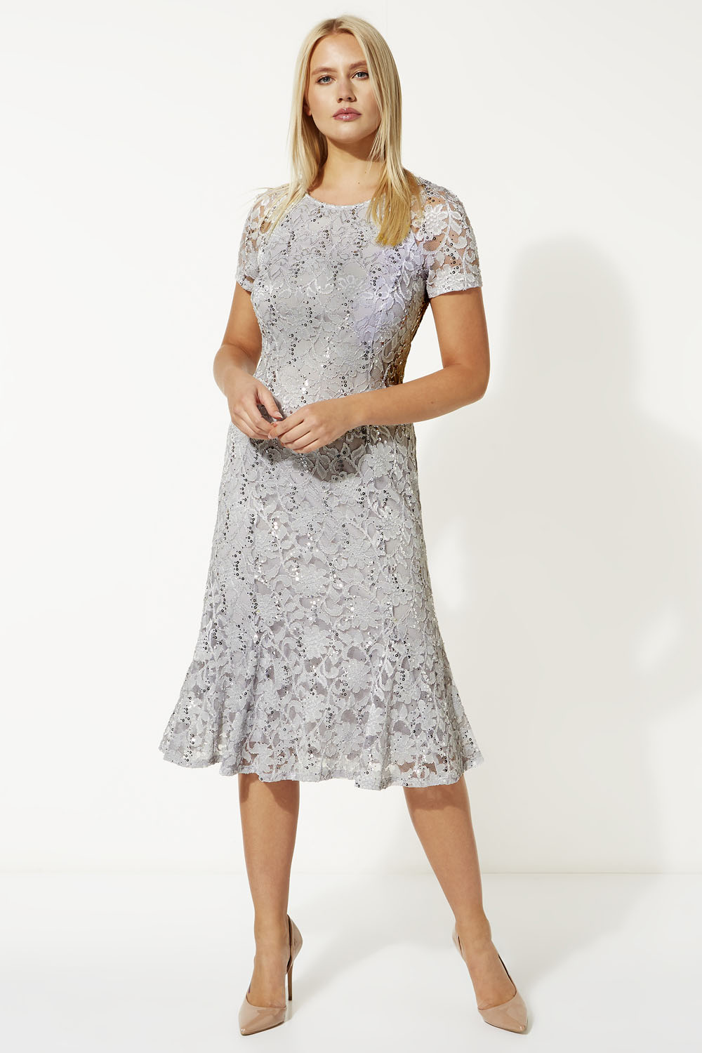 Metallic Lace Sequin Midi Dress in Silver - Roman Originals UK