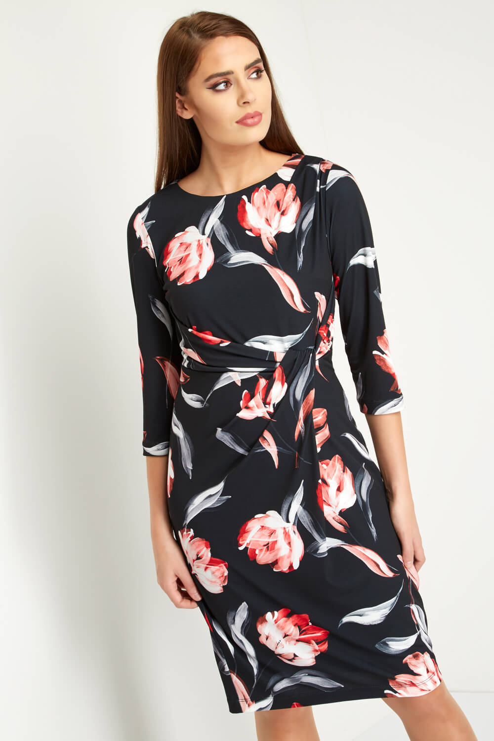 Side Drape Floral Dress in Red Roman Originals UK