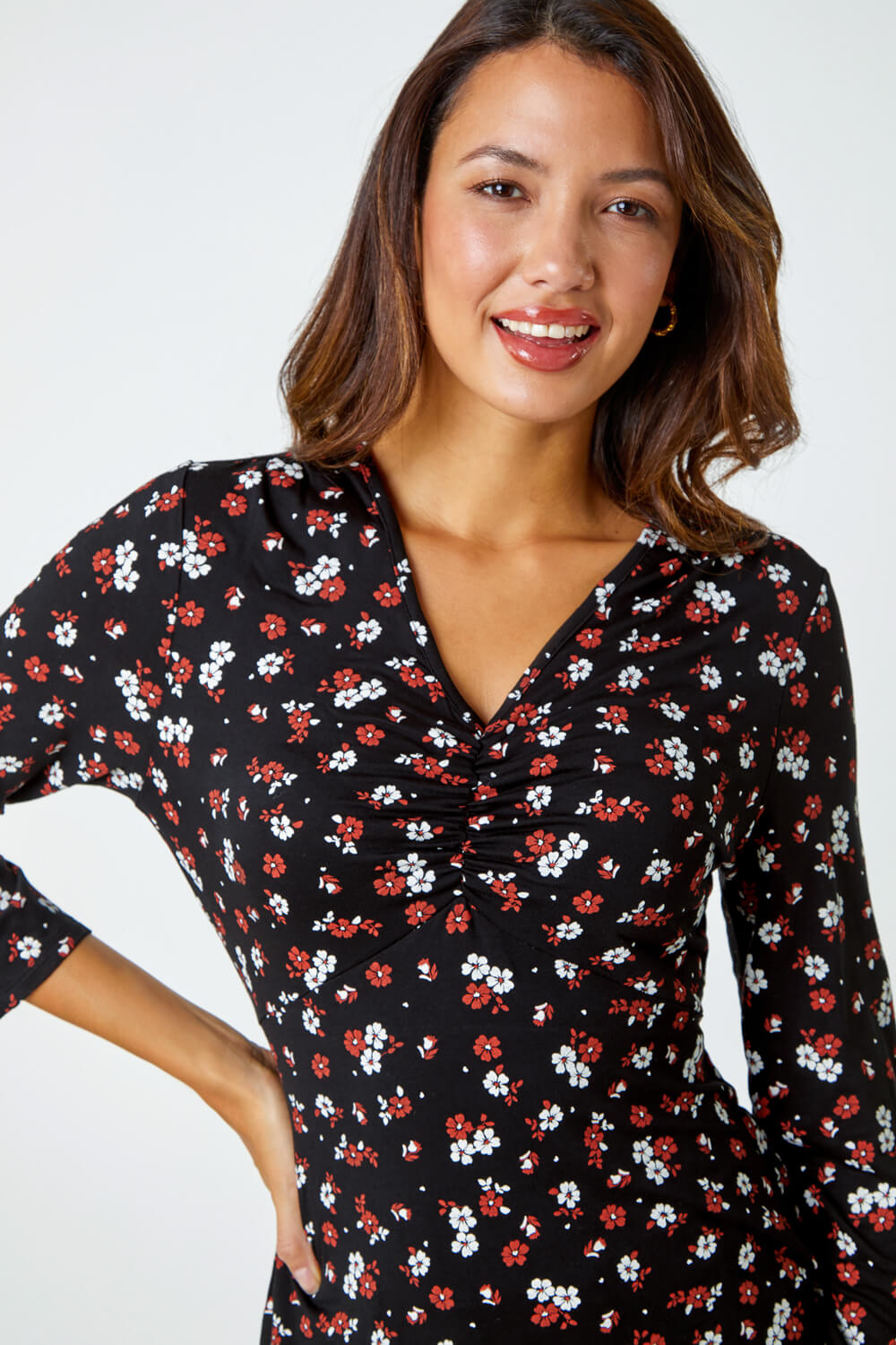 Rust Floral Print Ruched Stretch Top, Image 4 of 5