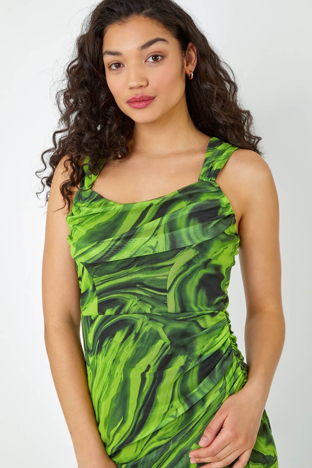 Green Swirl Print Ruched Stretch Midi Dress, Image 4 of 5