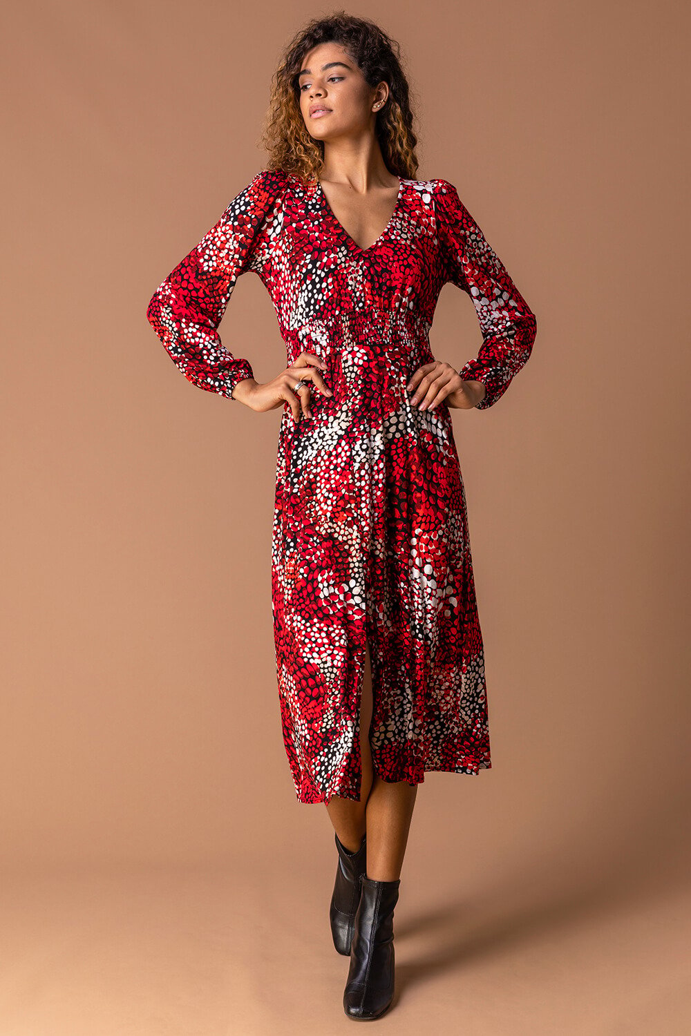 Abstract Animal Print Midi Dress in Red ...