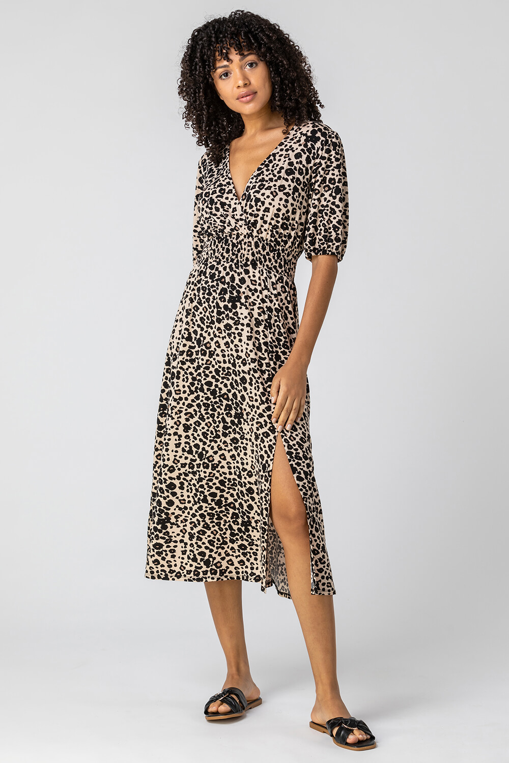 Taupe Leopard Print Midi Wrap Dress, Image 3 of 5