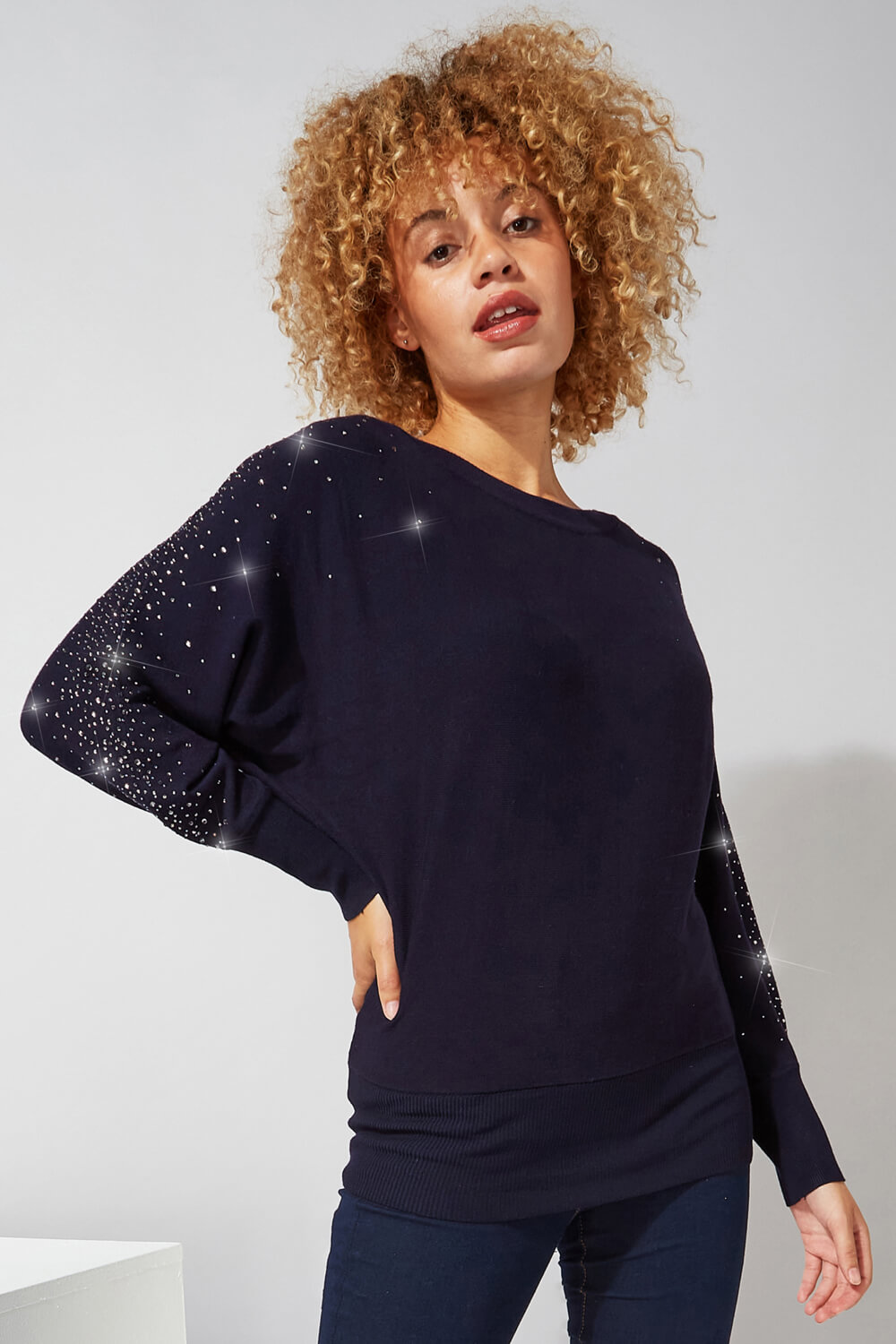 Midnight-Blue Diamante Embellished Batwing Jumper, Image 4 of 4