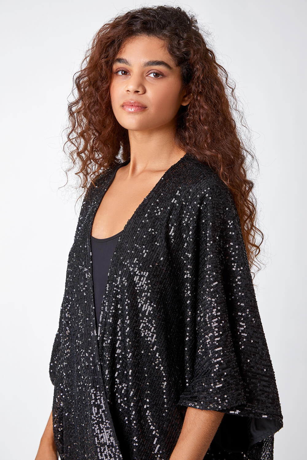 Black Embellished Sequin Cape Jacket | Roman UK