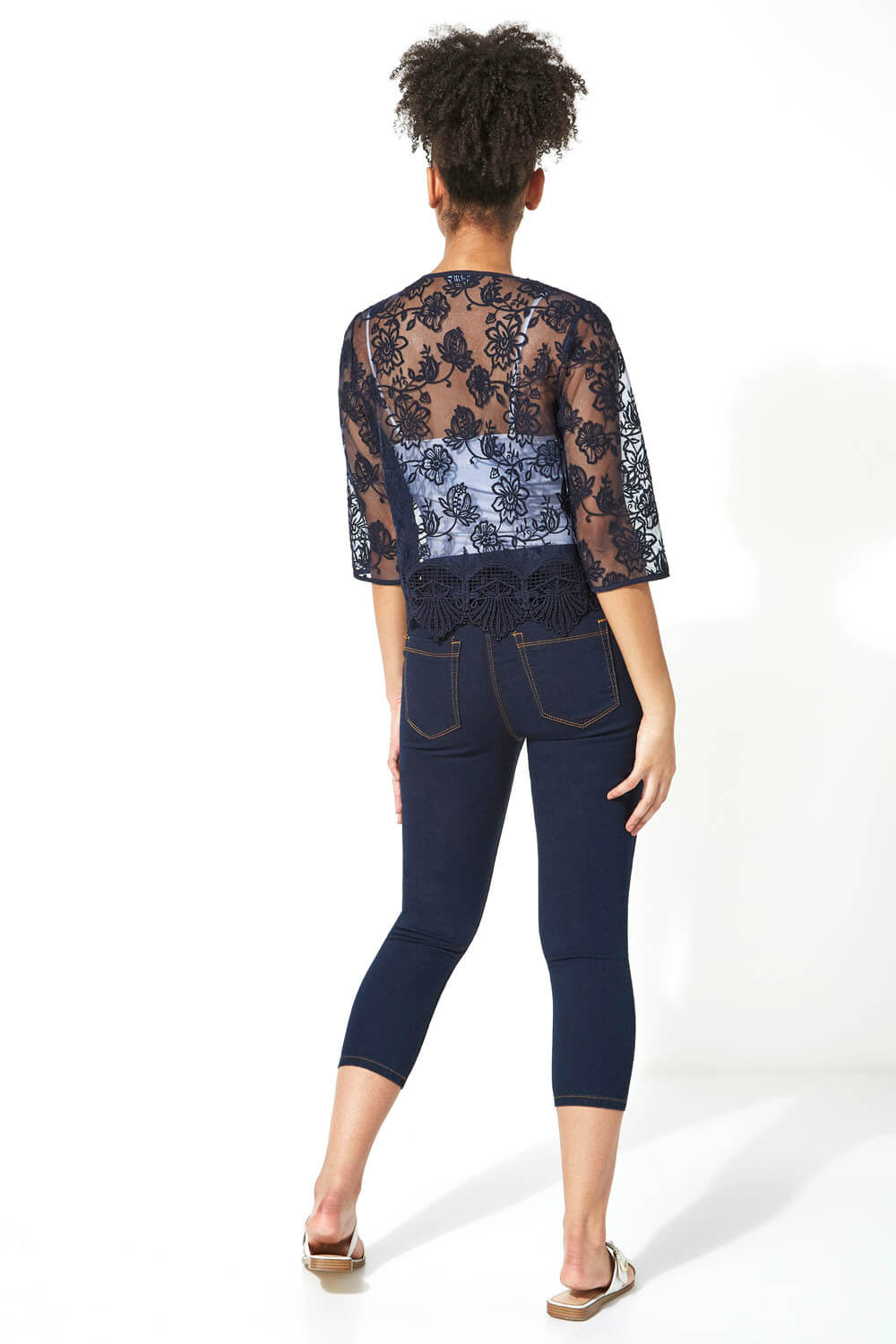 Navy  Short Floral Embroidered Lace Jacket, Image 3 of 5