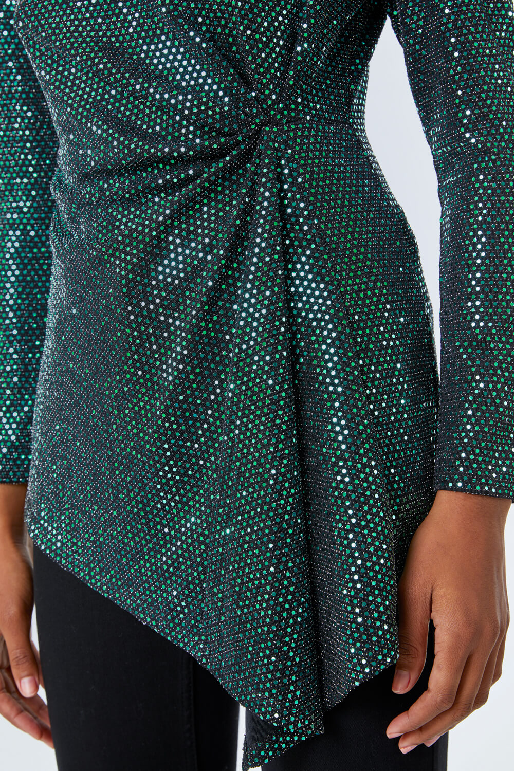 Green Sequin Ruched Waist Jersey Top, Image 5 of 5