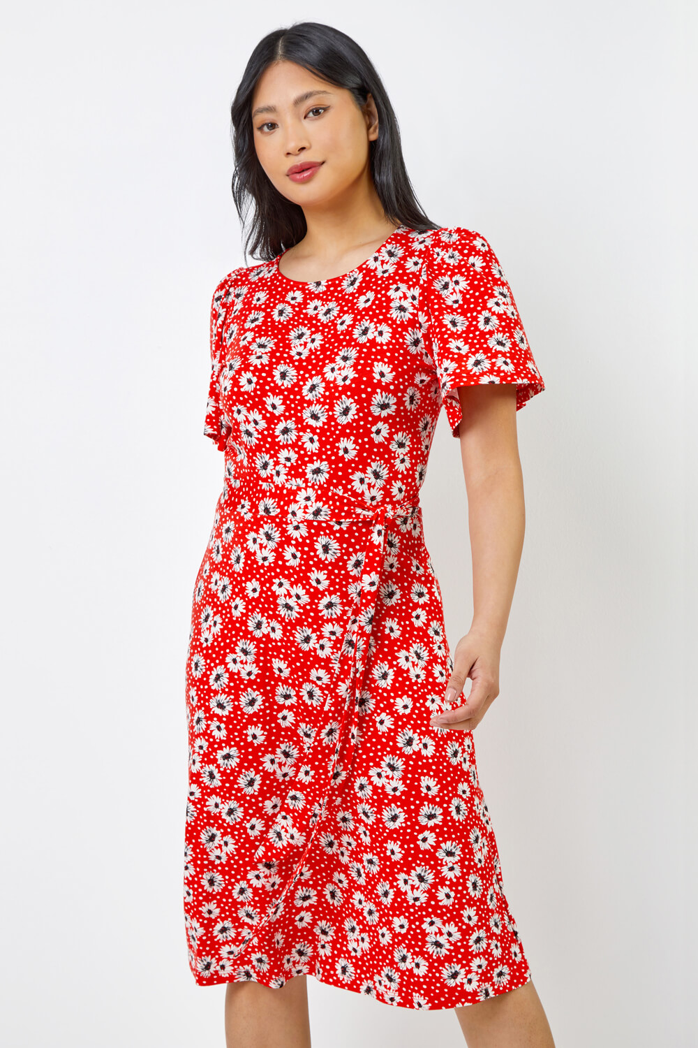 Red Petite Floral Print Jersey Dress, Image 3 of 5