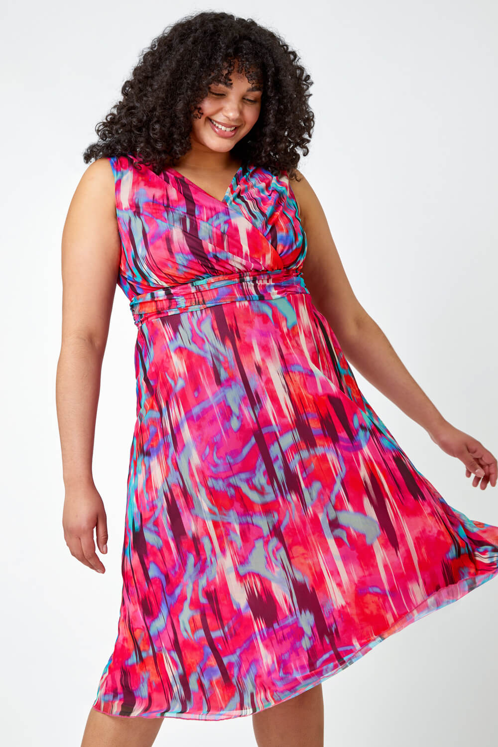 PINK Curve Abstract Print Mesh Wrap Dress, Image 2 of 5