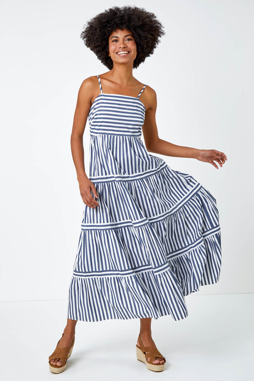 Navy  Sleeveless Stripe Tiered Cotton Maxi Dress, Image 2 of 5