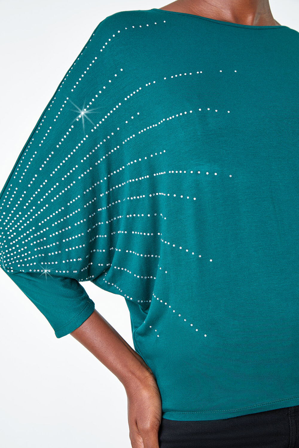 Dark Green Diamante Embellished Relaxed Stretch Top , Image 5 of 5