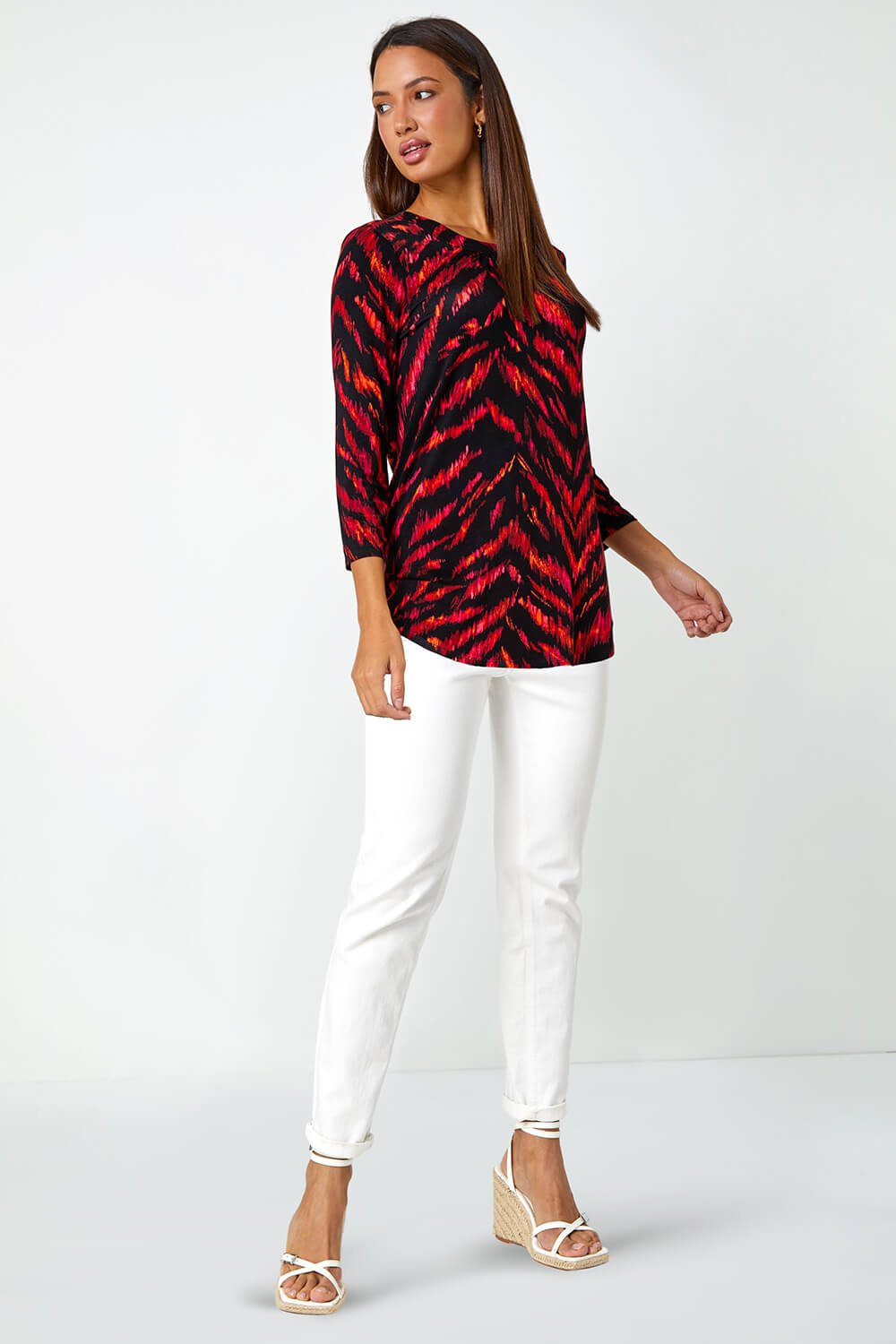 Red Animal Print Tunic Stretch Top, Image 2 of 5