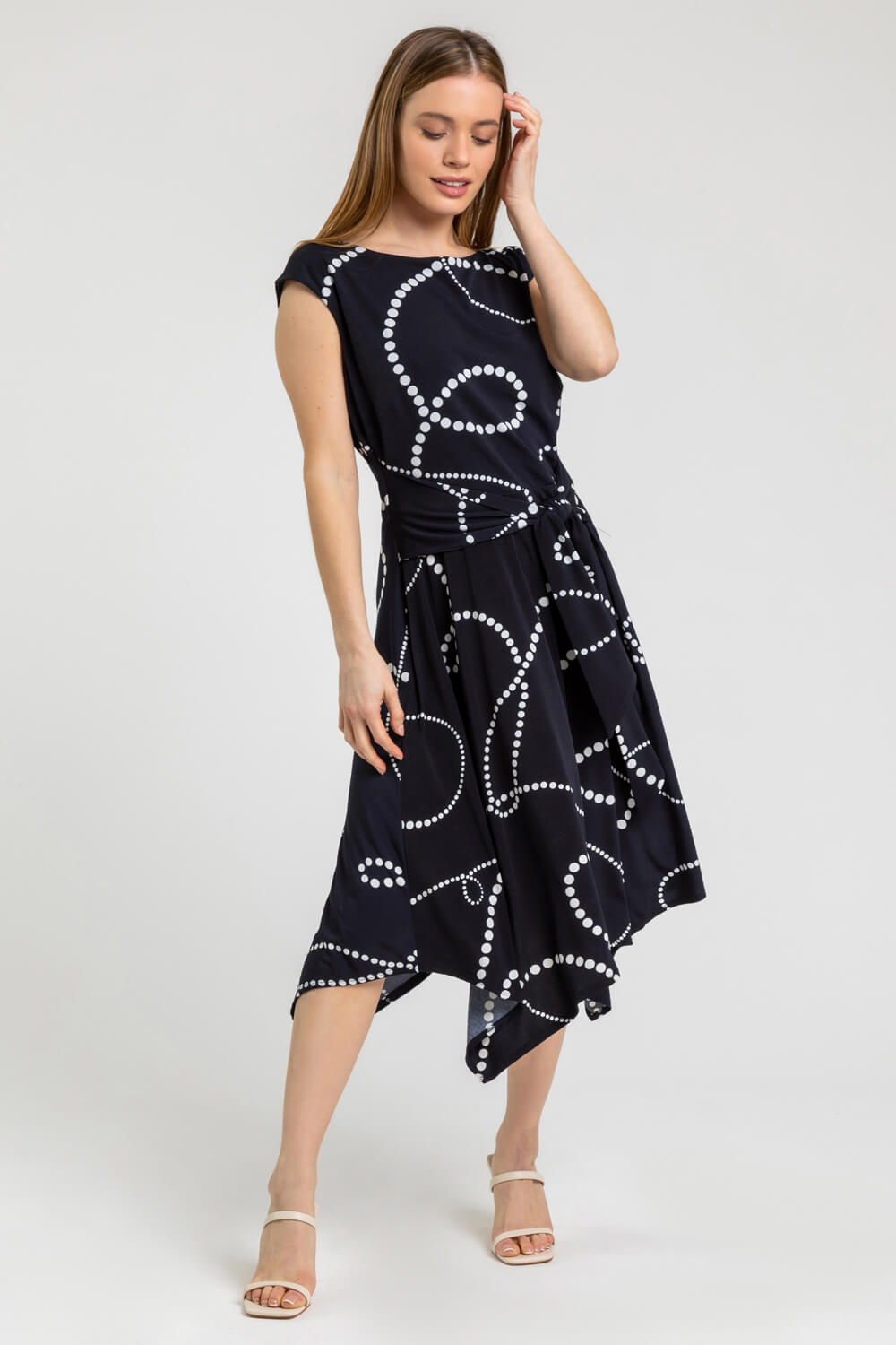 Navy  Petite Spot Print Tie Waist Dress, Image 3 of 4