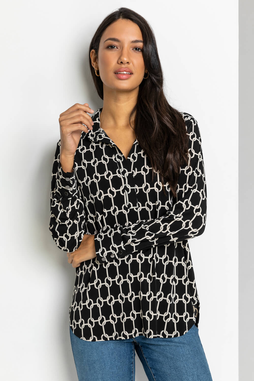 Chain Print Long Sleeve Collared Jersey Blouse