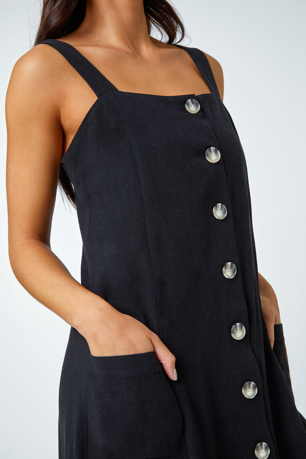 Black Petite Button Front Pocket Dress , Image 6 of 6