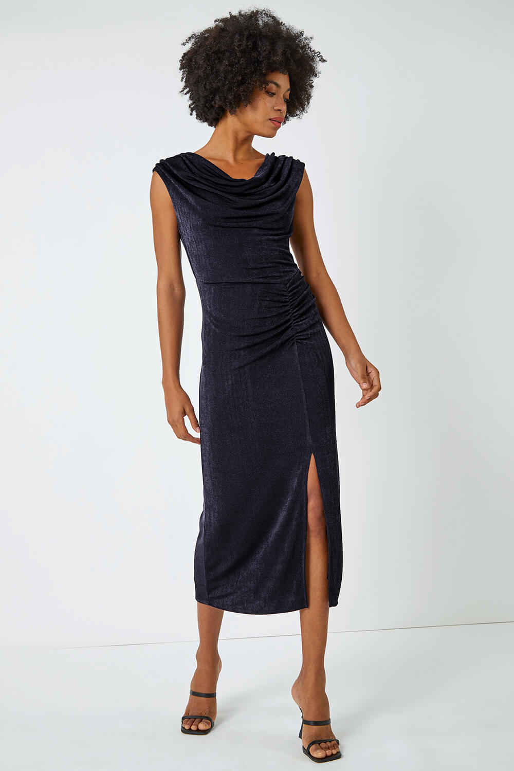 Navy  Cowl Neck Ruched Midi Dress, Image 2 of 5