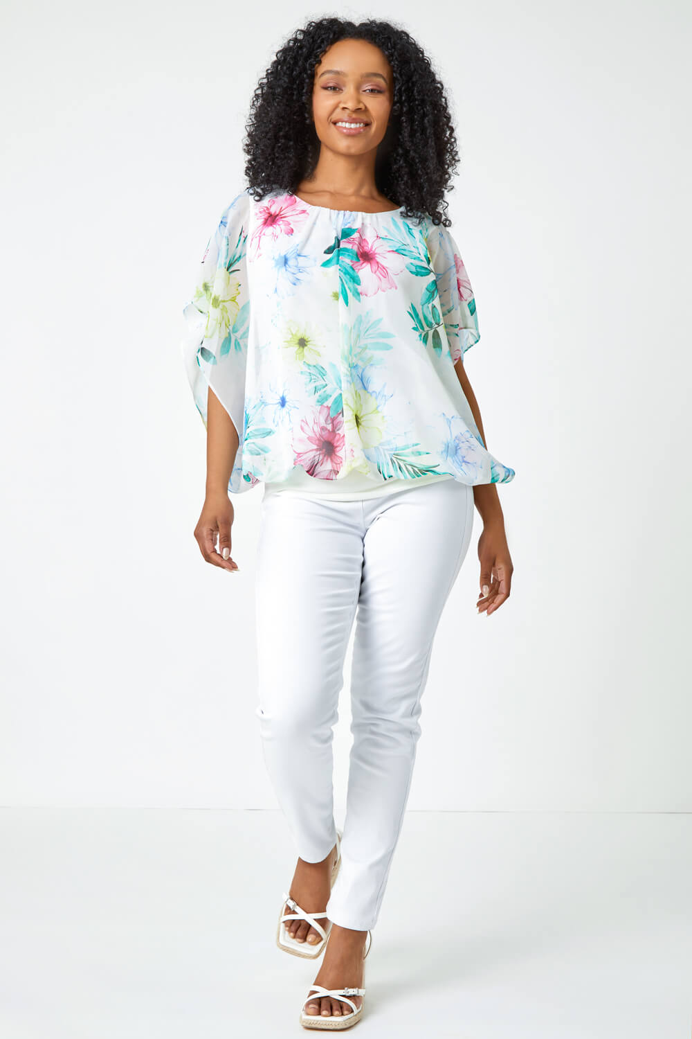 White Petite Floral Print Blouson Top | Roman UK