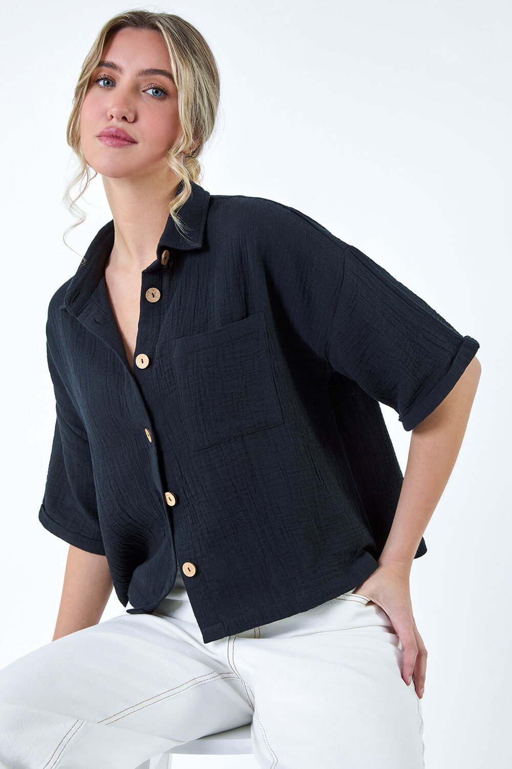 Black Cotton Relaxed Button Shirt, Image 4 of 5