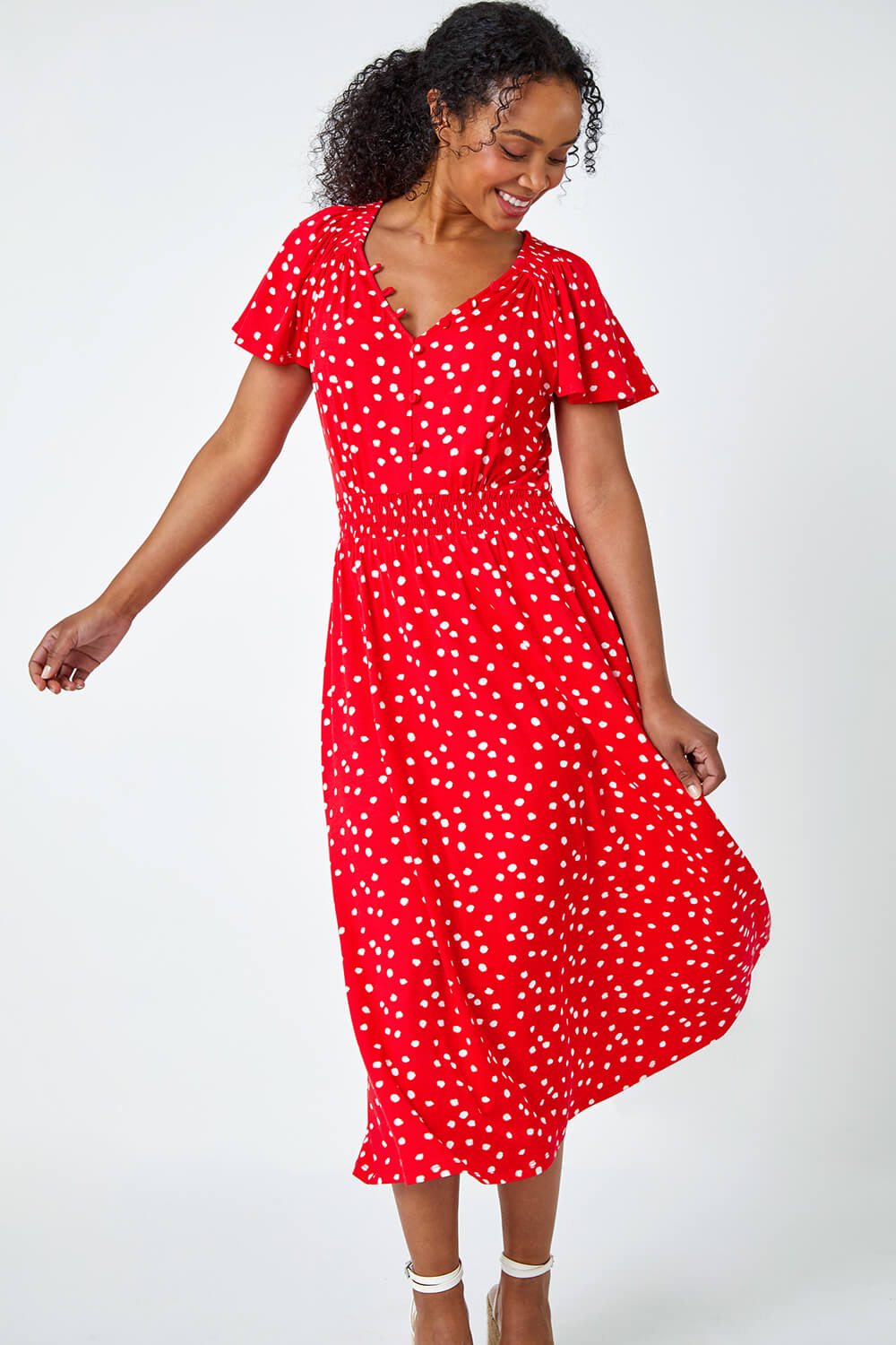 Red Petite Polka Dot Button Stretch Midi Dress, Image 2 of 5