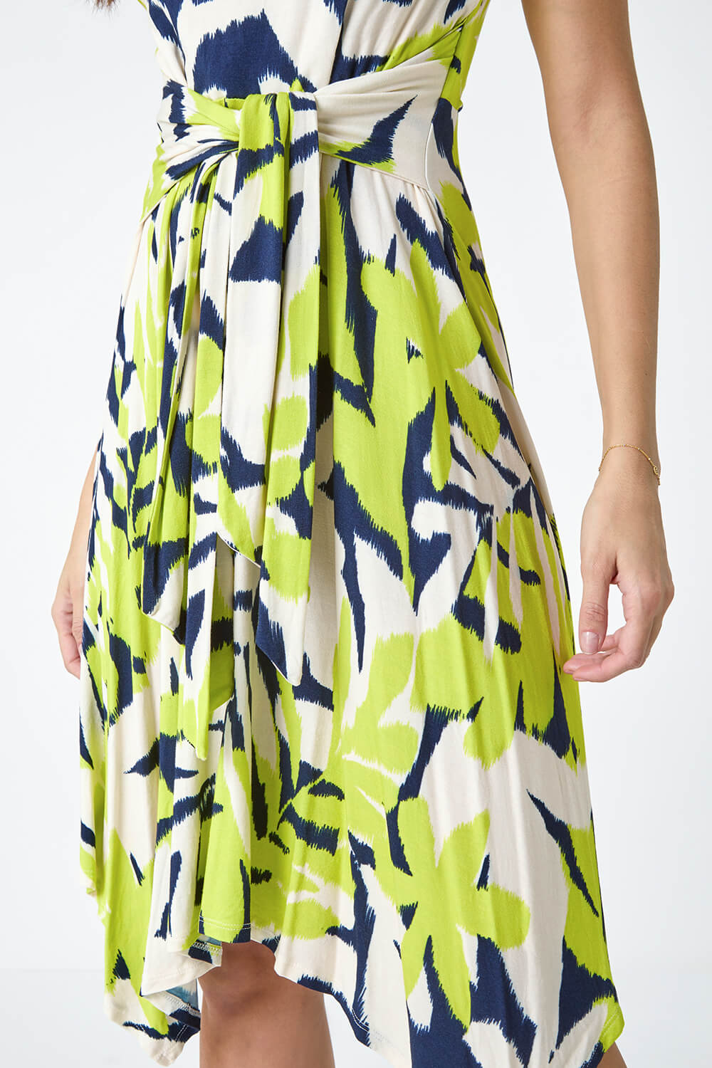 Lime Leaf Print Tie Waist Hanky Hem Dress, Image 5 of 5